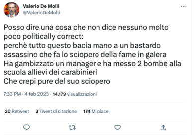 De Molli, tweet al vetriolo contro Cospito: “Spero che muoia per lo sciopero”