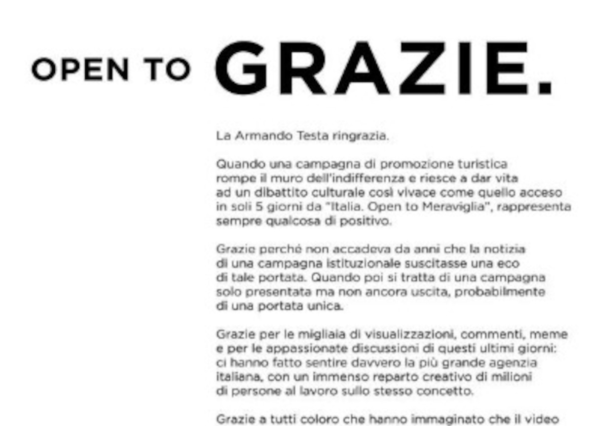 Open to meraviglia altro che flop: per l’agenzia Armando Testa è un successone Open to meraviglia altro che flop: per l’agenzia Armando Testa è un successone