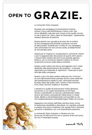 Open to meraviglia altro che flop: per l’agenzia Armando Testa è un successone