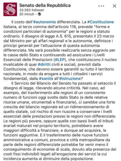 Il Senato stronca su Linkedin l’autonomia, Fontana. “Burocrati remano contro”