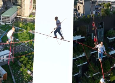 Milano Bam Circus: sul filo a 140 metri d’altezza al Bosco verticale. VIDEO