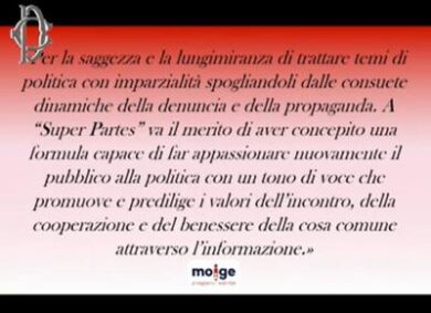 Ascolti tv, informazione politica di qualità: a Super Partes il premio Moige