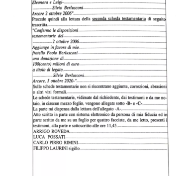 Berlusconi, il testamento olografo del 2006 e del 2020. Poi l’aggiunta del ’22