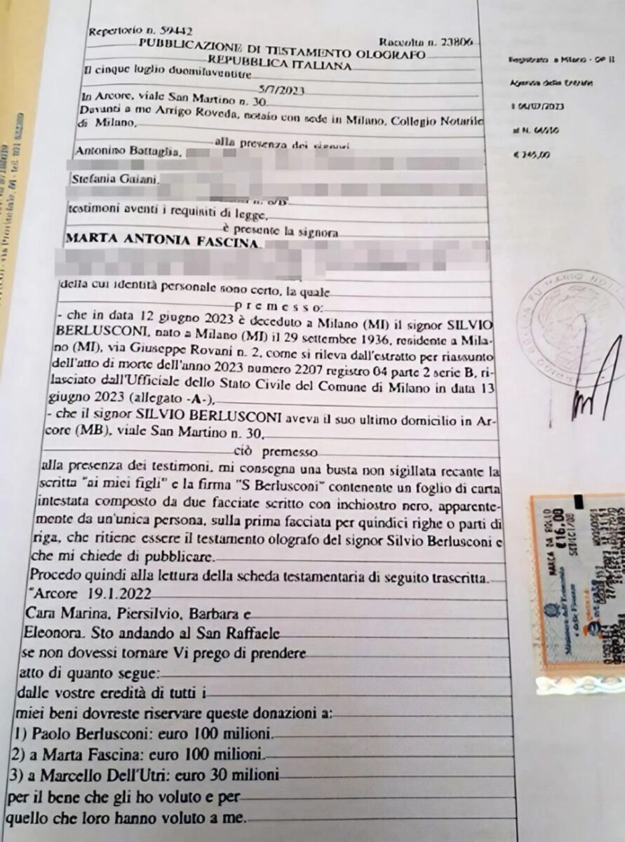 Berlusconi, il testamento olografo del 2006 e del 2020. Poi l’aggiunta del ’22