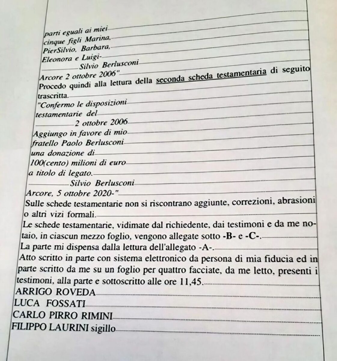 Berlusconi, il testamento olografo del 2006 e del 2020. Poi l’aggiunta del ’22