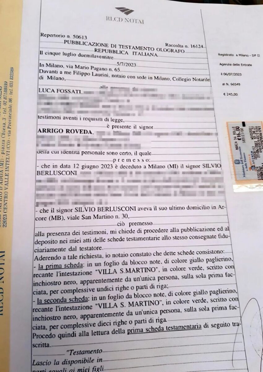 Berlusconi, il testamento olografo del 2006 e del 2020. Poi l’aggiunta del ’22