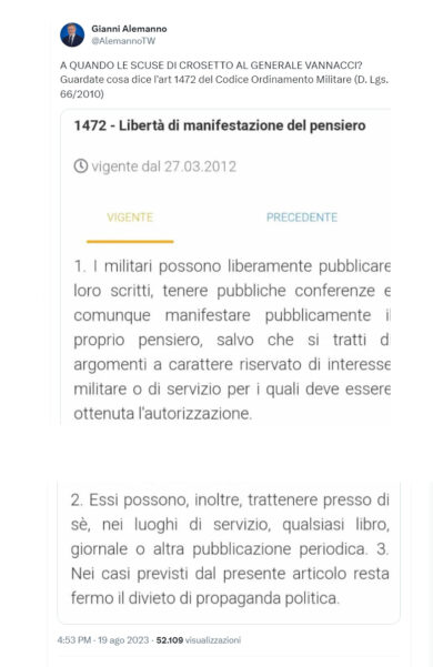 Vannacci, Alemanno contro Crosetto: “Sacrificato per il politically correct”