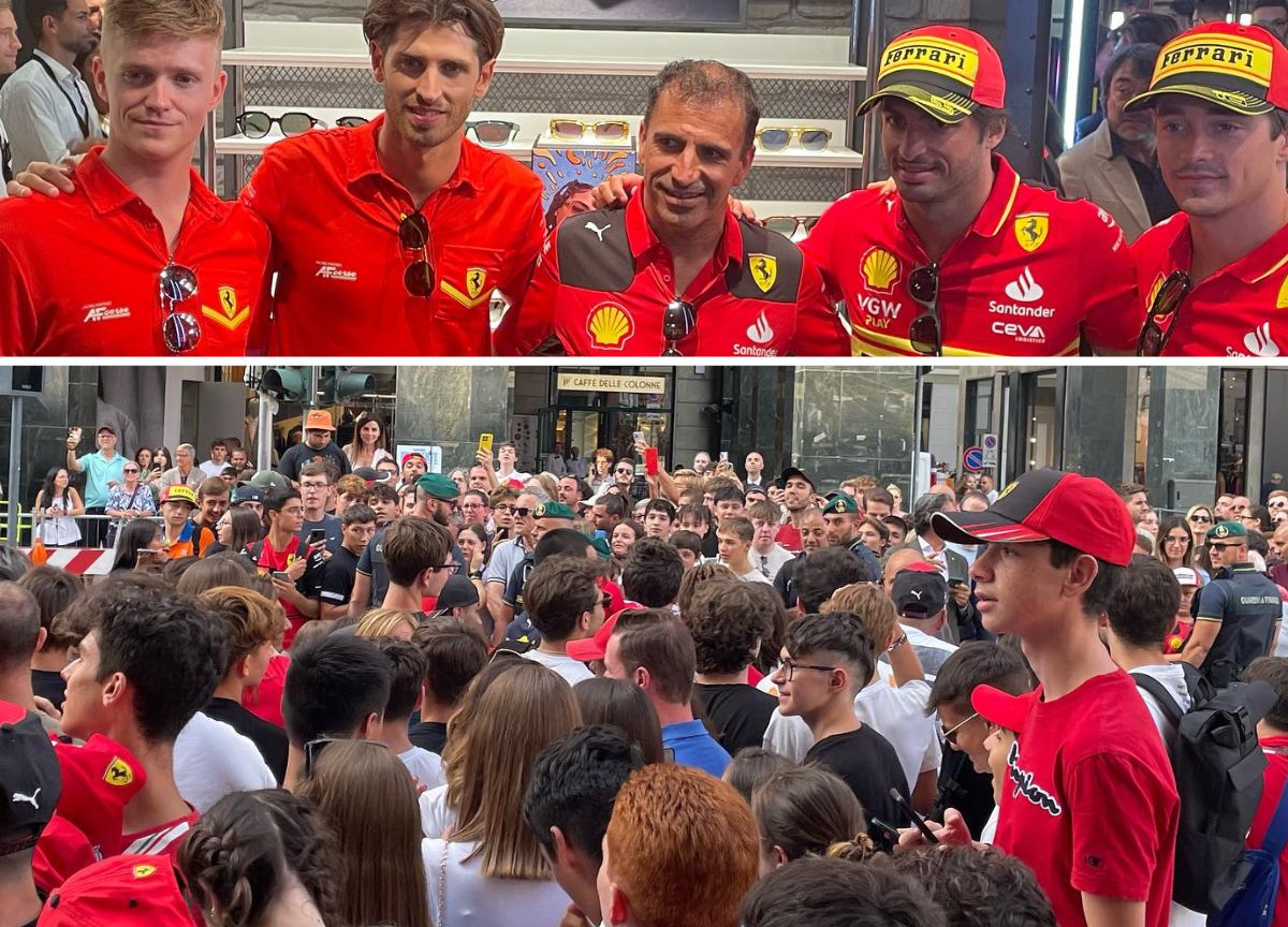 Ferrari, bagno di folla per Leclerc e Sainz in centro a Milano Ferrari, bagno di folla per Leclerc e Sainz in centro a Milano