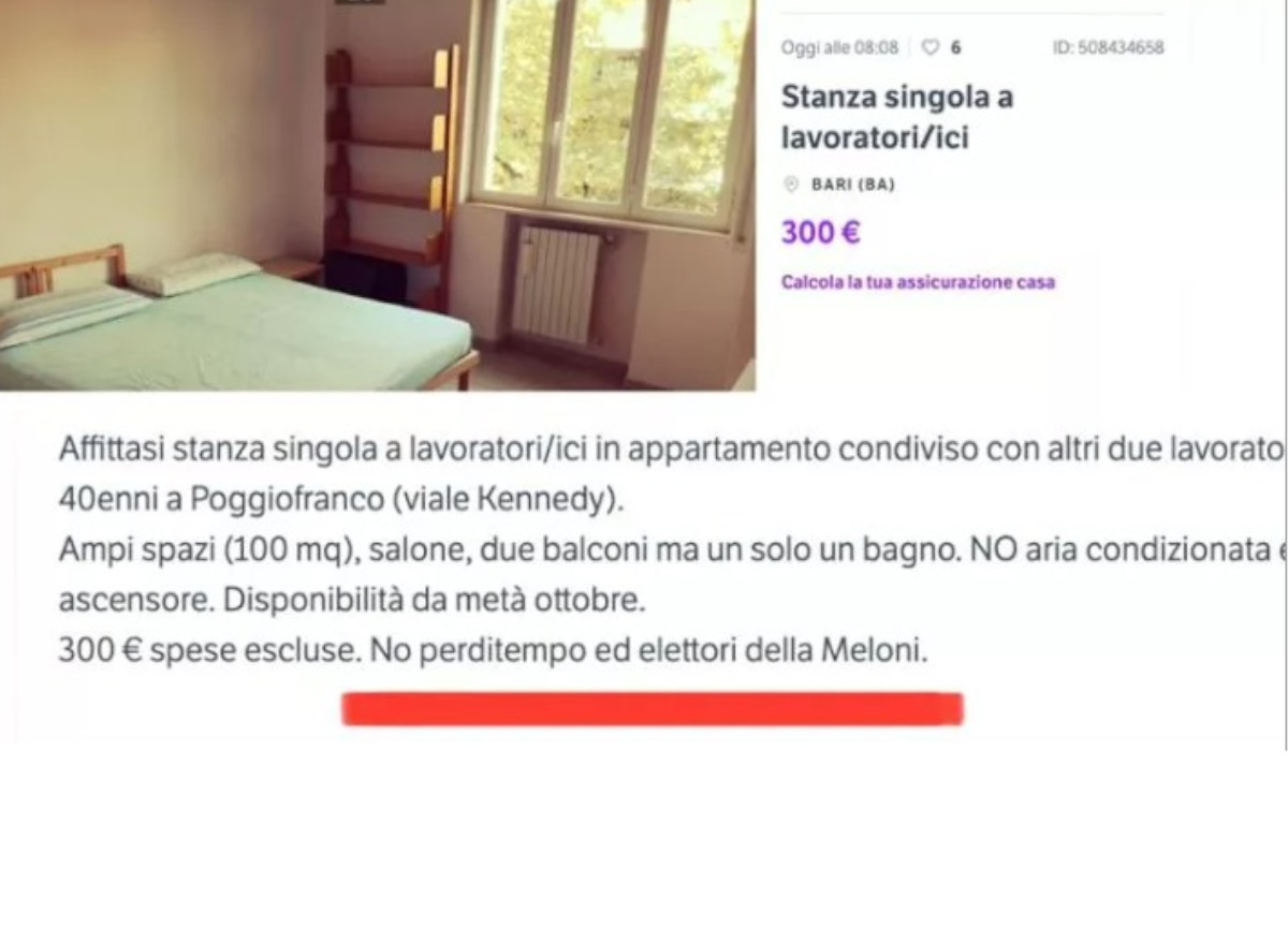 Bari, l’annuncio choc di un affittacamere: “No agli elettori della Meloni”