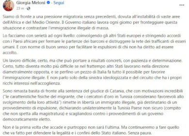 Migranti: Meloni va all’attacco: “Basita per sentenza giudice Catania”