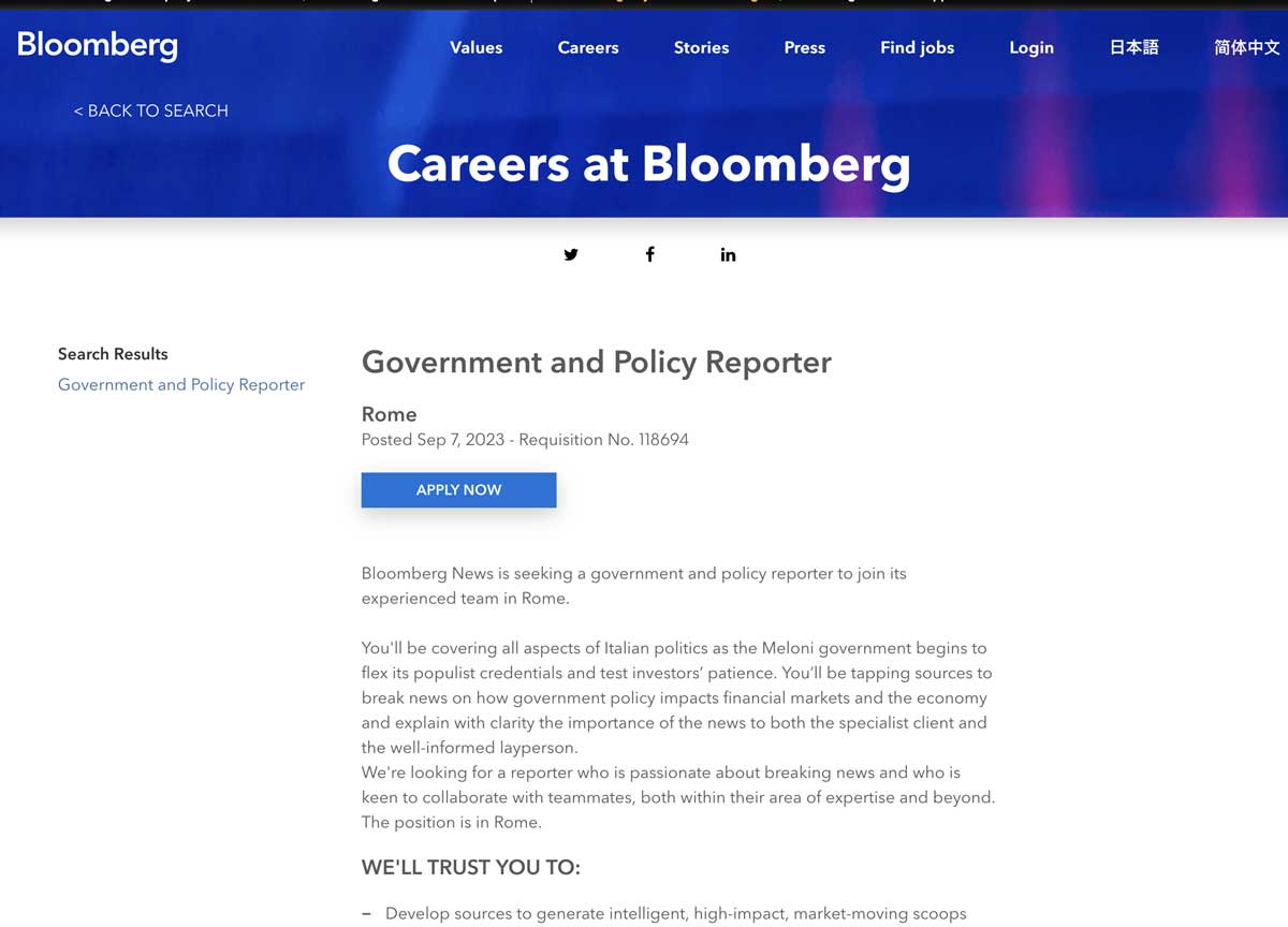 Il complotto contro Meloni: a Roma Bloomberg assume un giornalista “killer”