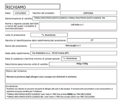 Taralli, allergeni non dichiarati. Ritirati numerosi lotti, ecco quali