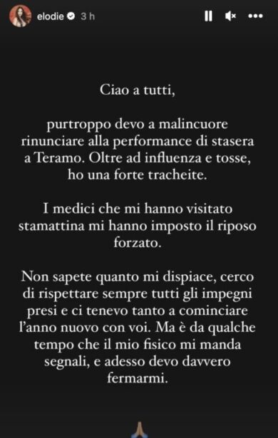Elodie, annullato il concerto a Teramo. La cantante ai fan: “Devo fermarmi”