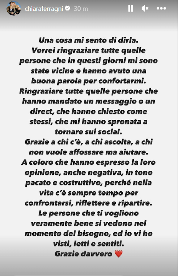 Chiara Ferragni torna sui social: “Grazie a chi mi è stato vicino e spronato” Chiara Ferragni torna sui social: “Grazie a chi mi è stato vicino e spronato”