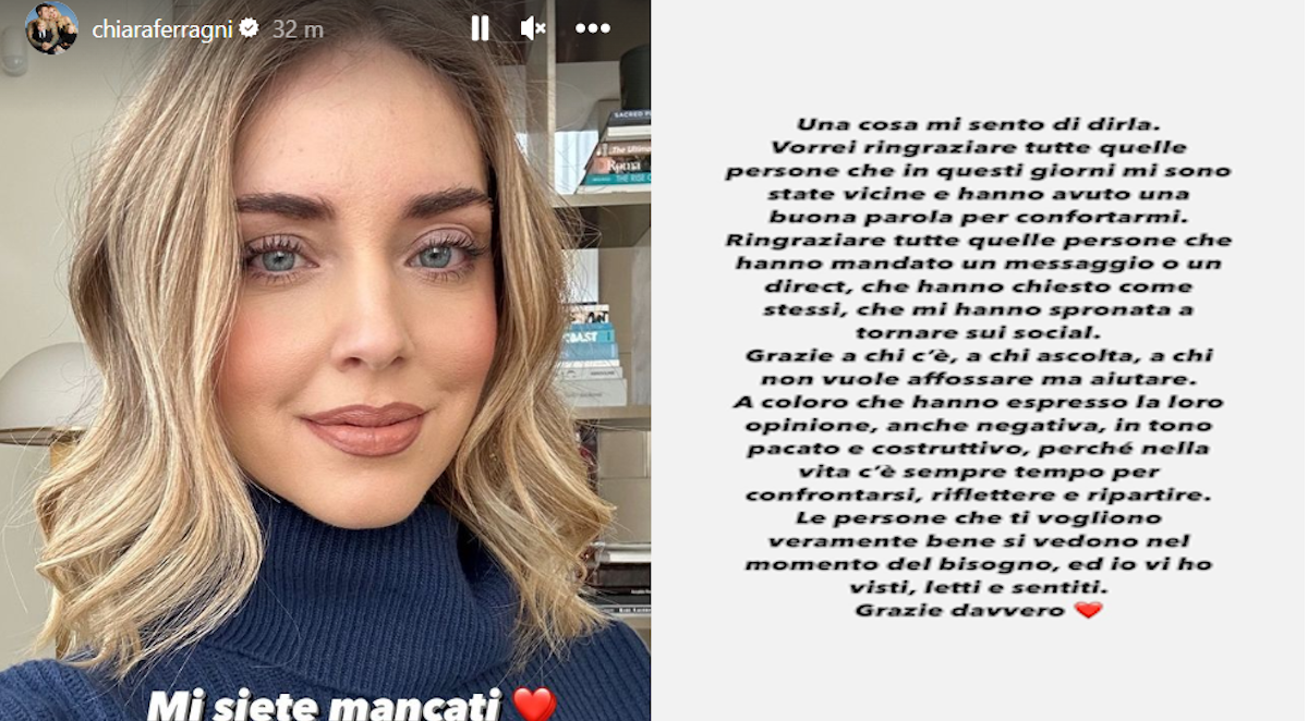 Chiara Ferragni torna sui social: “Grazie a chi mi è stato vicino e spronato” Chiara Ferragni torna sui social: “Grazie a chi mi è stato vicino e spronato”
