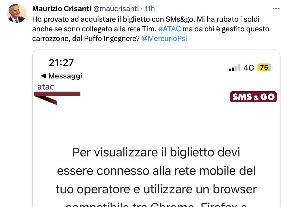 “Atac ruba i soldi”: la denuncia del prof di Roma Tre “bruciato” da Sms&Go “Atac ruba i soldi”: la denuncia del prof di Roma Tre “bruciato” da Sms&Go