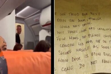 Intrappolato in bagno durante il volo, l’hostess gli scrive un biglietto. FOTO
