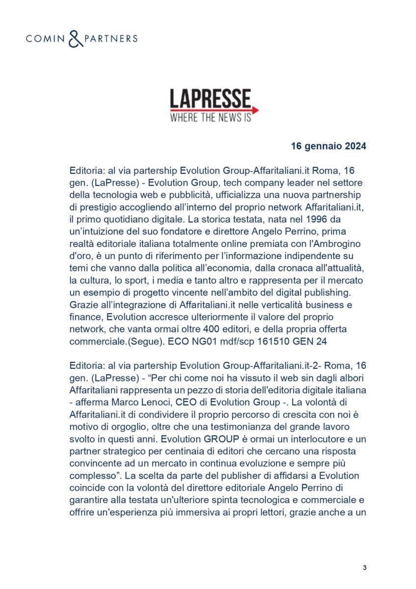 Affaritaliani.it con Evolution GROUP. La notizia su media, giornali, agenzie