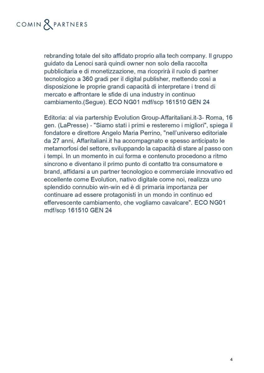 Affaritaliani.it con Evolution GROUP. La notizia su media, giornali, agenzie