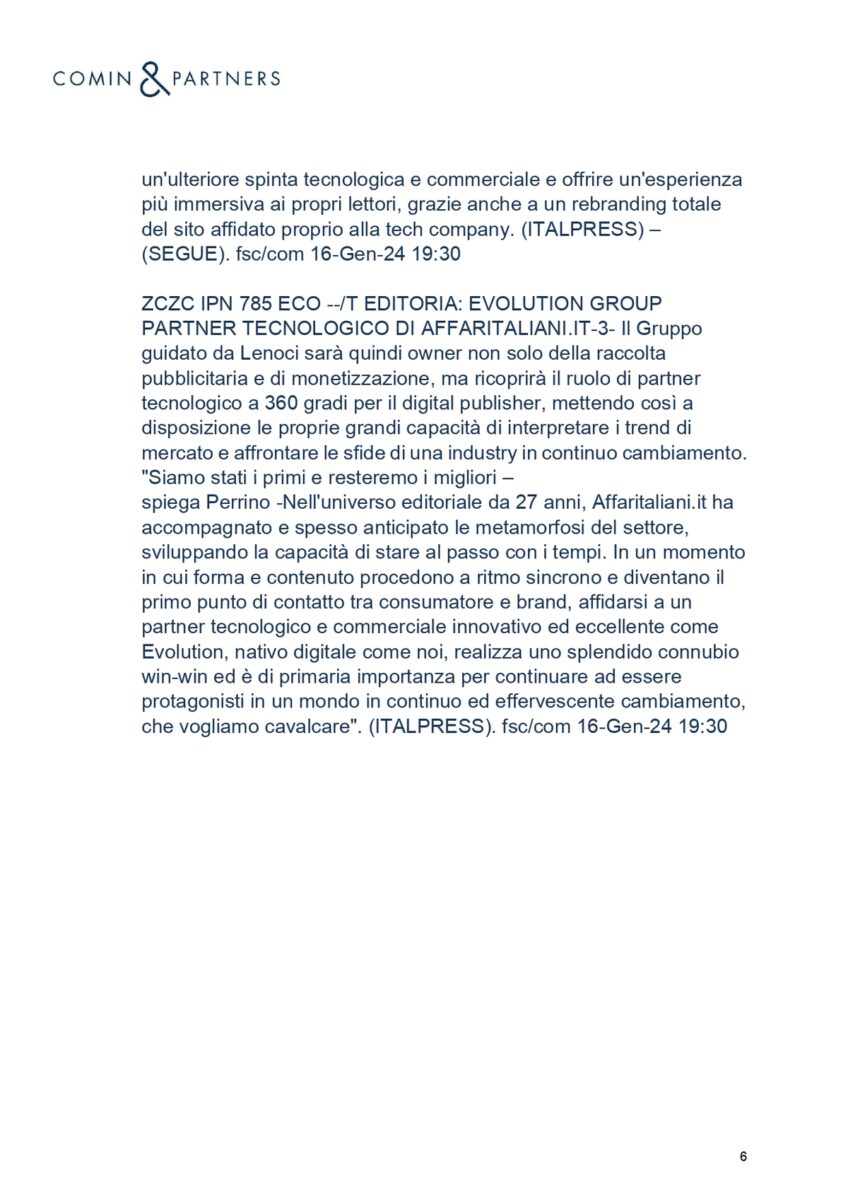 Affaritaliani.it con Evolution GROUP. La notizia su media, giornali, agenzie