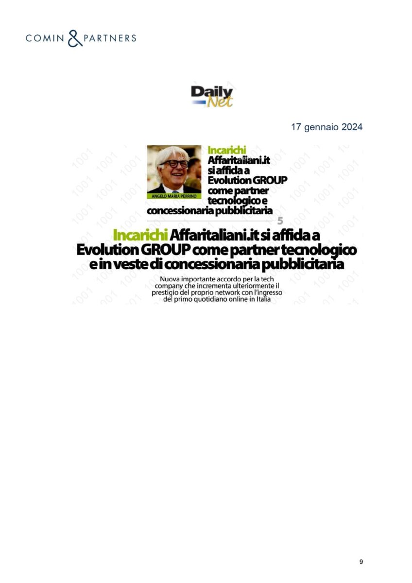 Affaritaliani.it con Evolution GROUP. La notizia su media, giornali, agenzie