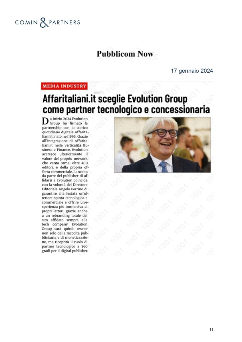 Affaritaliani.it con Evolution GROUP. La notizia su media, giornali, agenzie