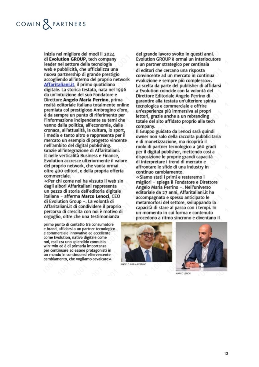 Affaritaliani.it con Evolution GROUP. La notizia su media, giornali, agenzie