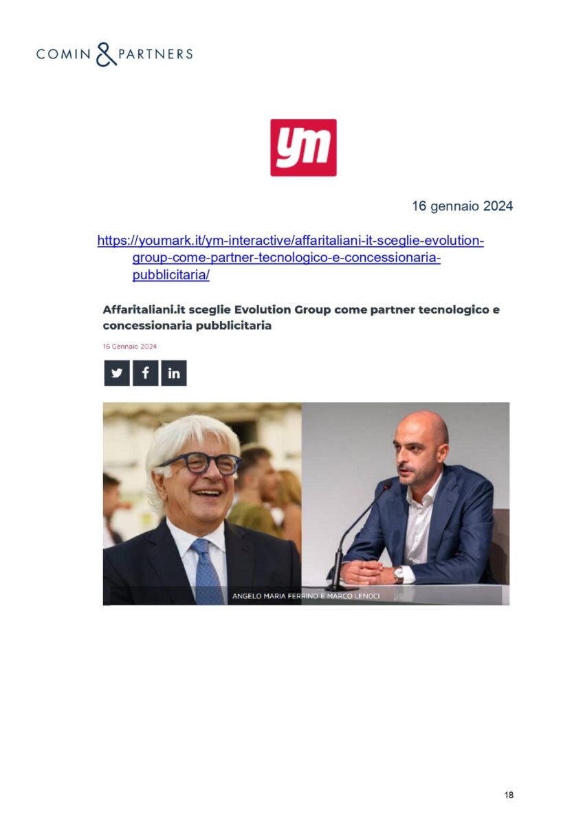 Affaritaliani.it con Evolution GROUP. La notizia su media, giornali, agenzie