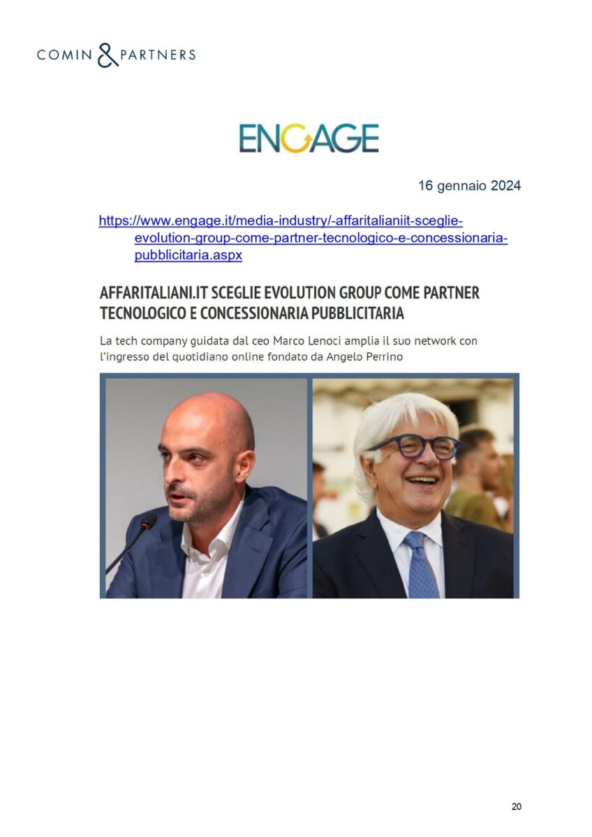 Affaritaliani.it con Evolution GROUP. La notizia su media, giornali, agenzie