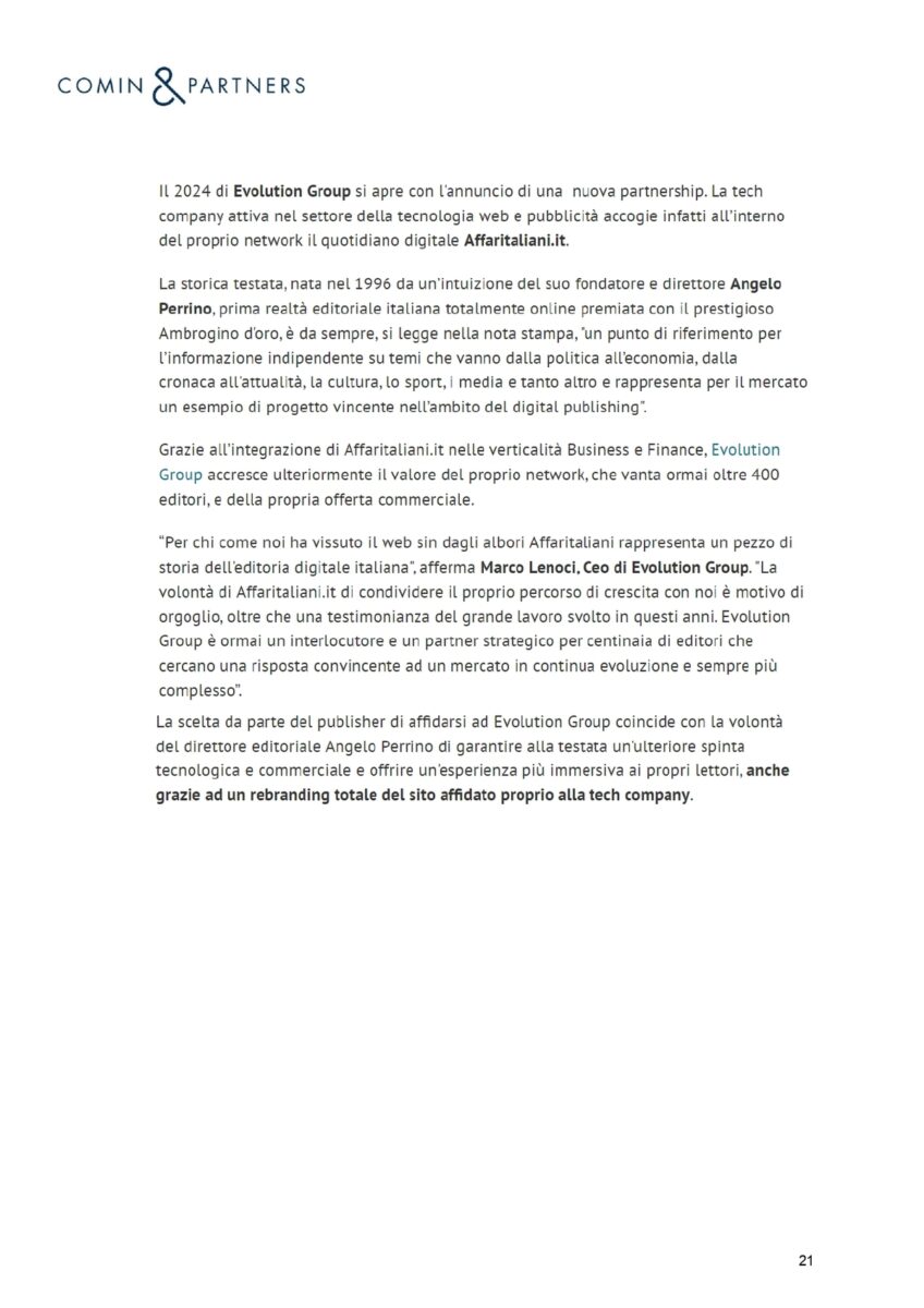 Affaritaliani.it con Evolution GROUP. La notizia su media, giornali, agenzie