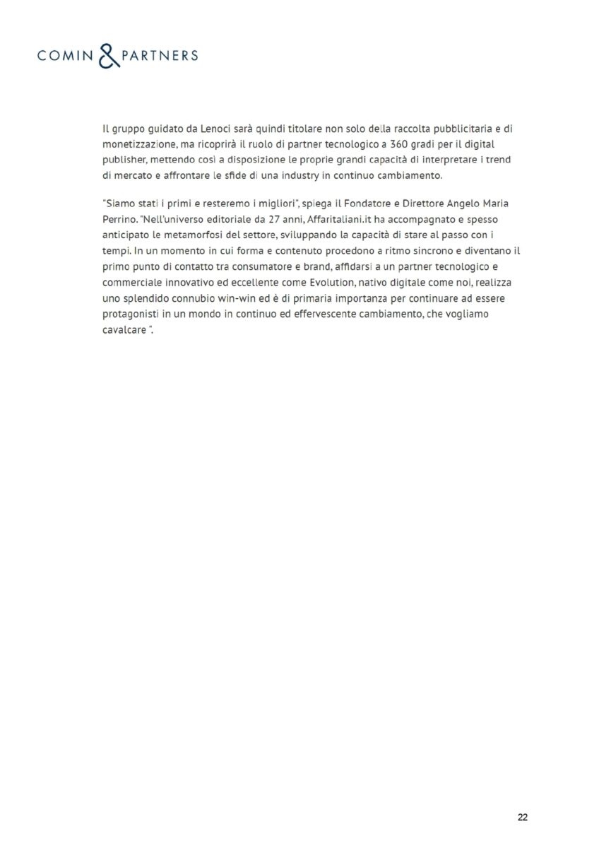 Affaritaliani.it con Evolution GROUP. La notizia su media, giornali, agenzie