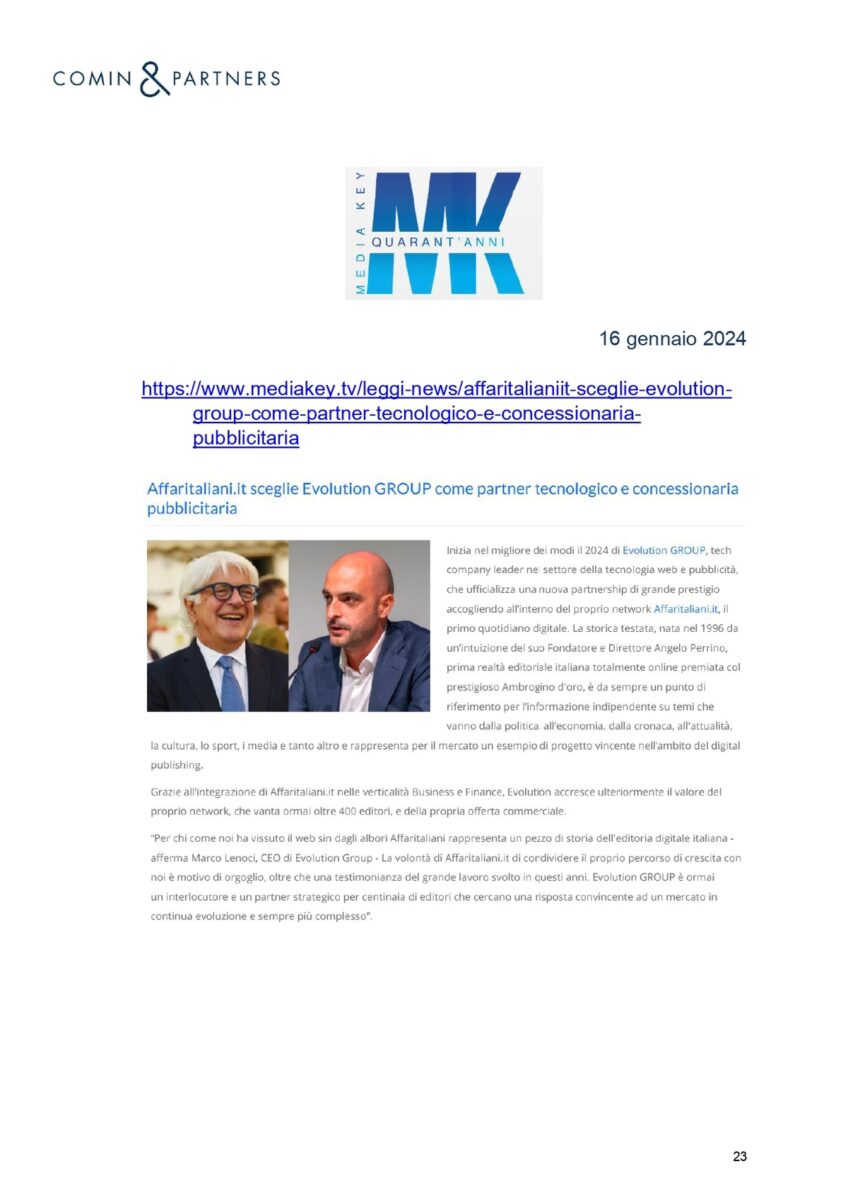 Affaritaliani.it con Evolution GROUP. La notizia su media, giornali, agenzie