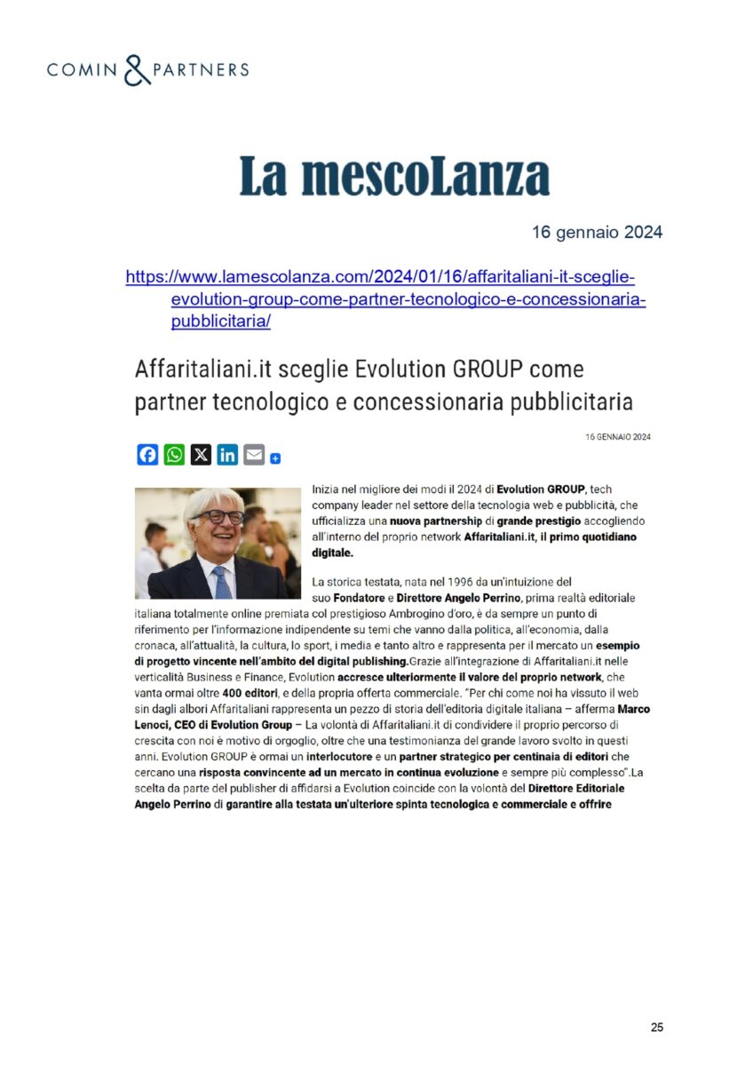 Affaritaliani.it con Evolution GROUP. La notizia su media, giornali, agenzie