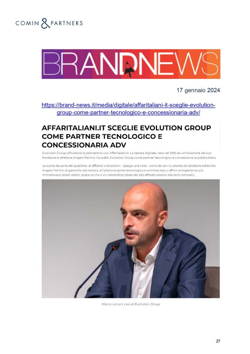Affaritaliani.it con Evolution GROUP. La notizia su media, giornali, agenzie