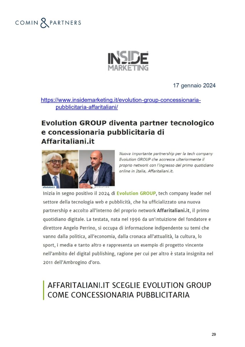 Affaritaliani.it con Evolution GROUP. La notizia su media, giornali, agenzie