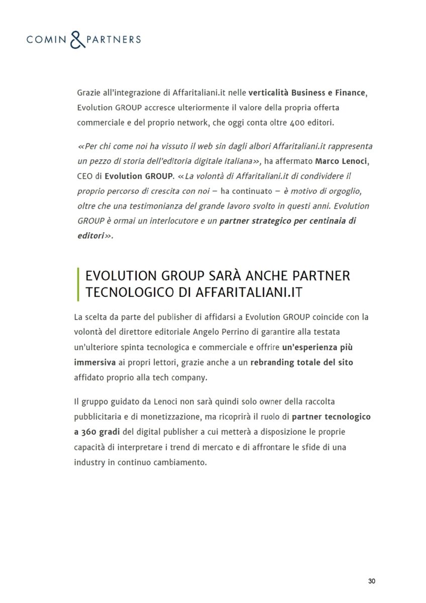 Affaritaliani.it con Evolution GROUP. La notizia su media, giornali, agenzie