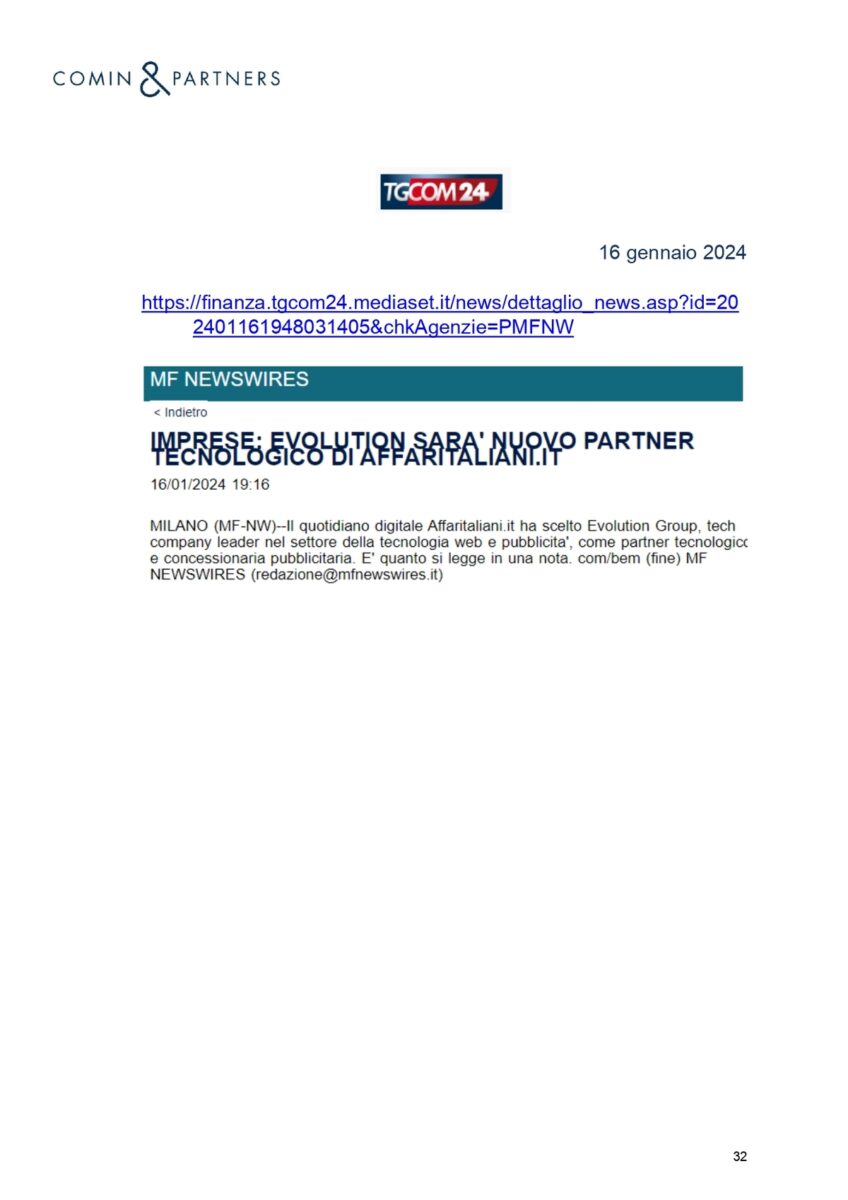 Affaritaliani.it con Evolution GROUP. La notizia su media, giornali, agenzie