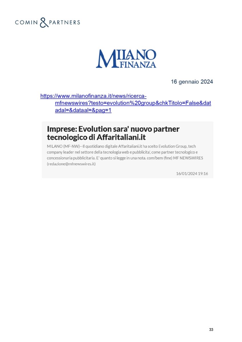 Affaritaliani.it con Evolution GROUP. La notizia su media, giornali, agenzie
