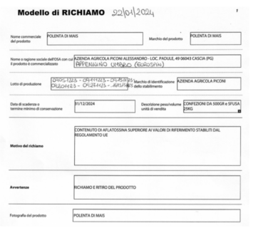 Rischio chimico nella polenta di mais Piconi: l’allarme del Ministero