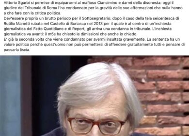 Condannato Sgarbi: paragonò la Raggi a Ciancimino, l’ex sindaco: “Si dimetta”