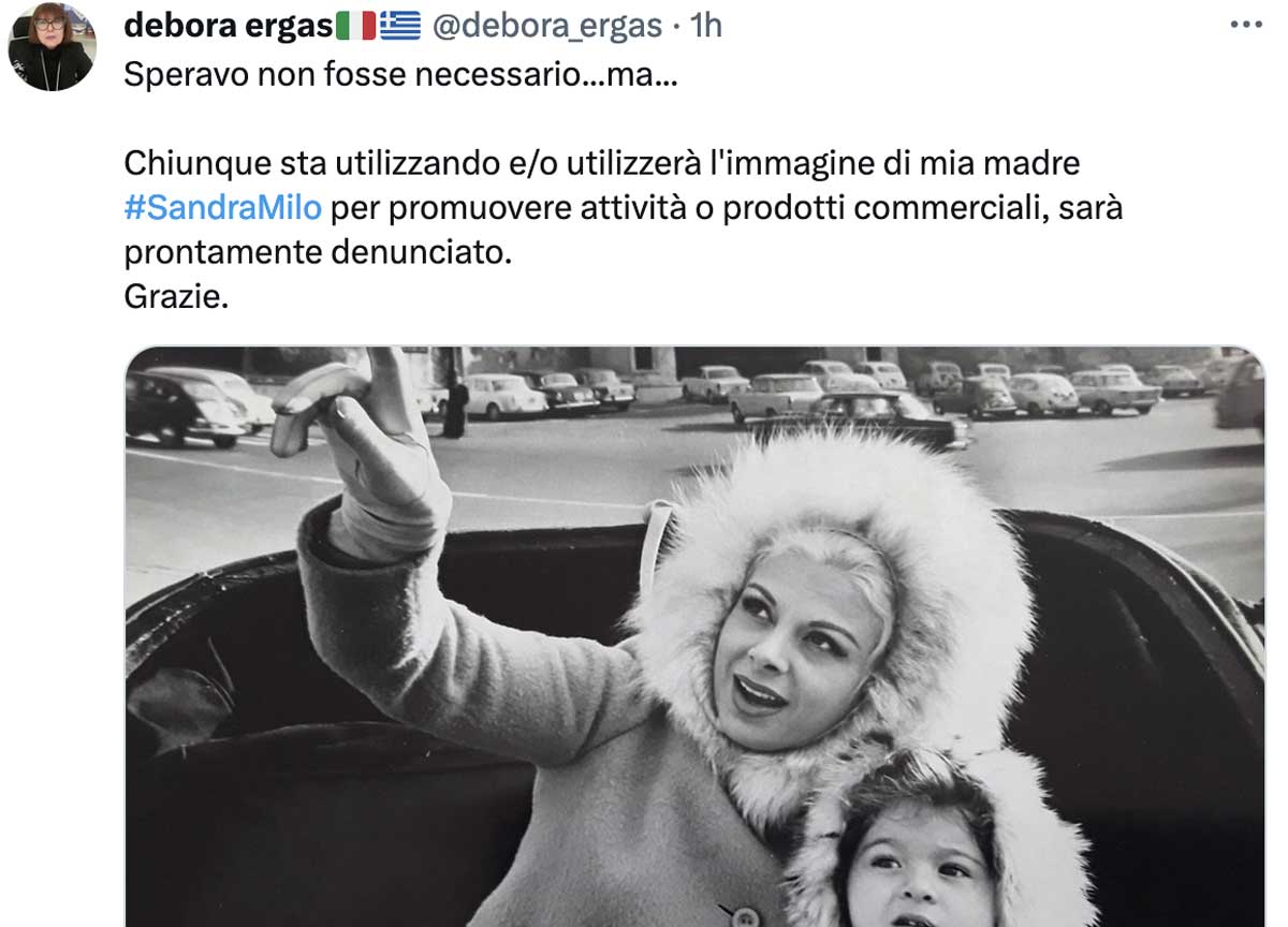 Sandra Milo: immagine a fini commerciali, Debora Ergas: “Denuncio tutti”