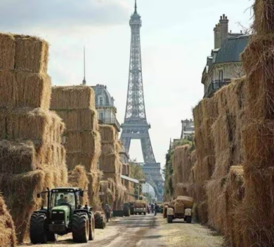 Protesta trattori, Parigi invasa dalle balle di fieno. La foto virale sul web