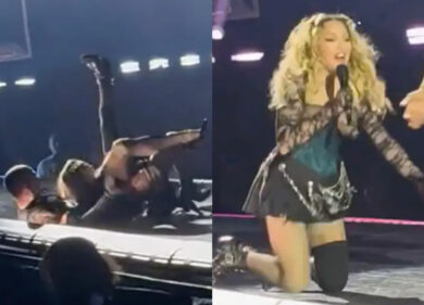 Madonna, che botto… lo scivolone della pop star sul palco