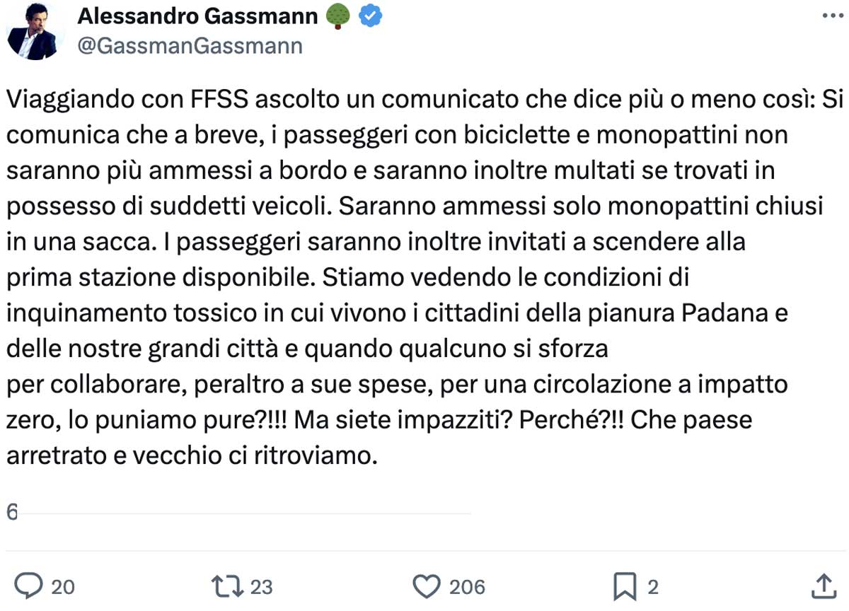 Bici e monopattini vietate sui treni, la crociata di Gassman: “Siete pazzi”? Bici e monopattini vietate sui treni, la crociata di Gassman: “Siete pazzi”?