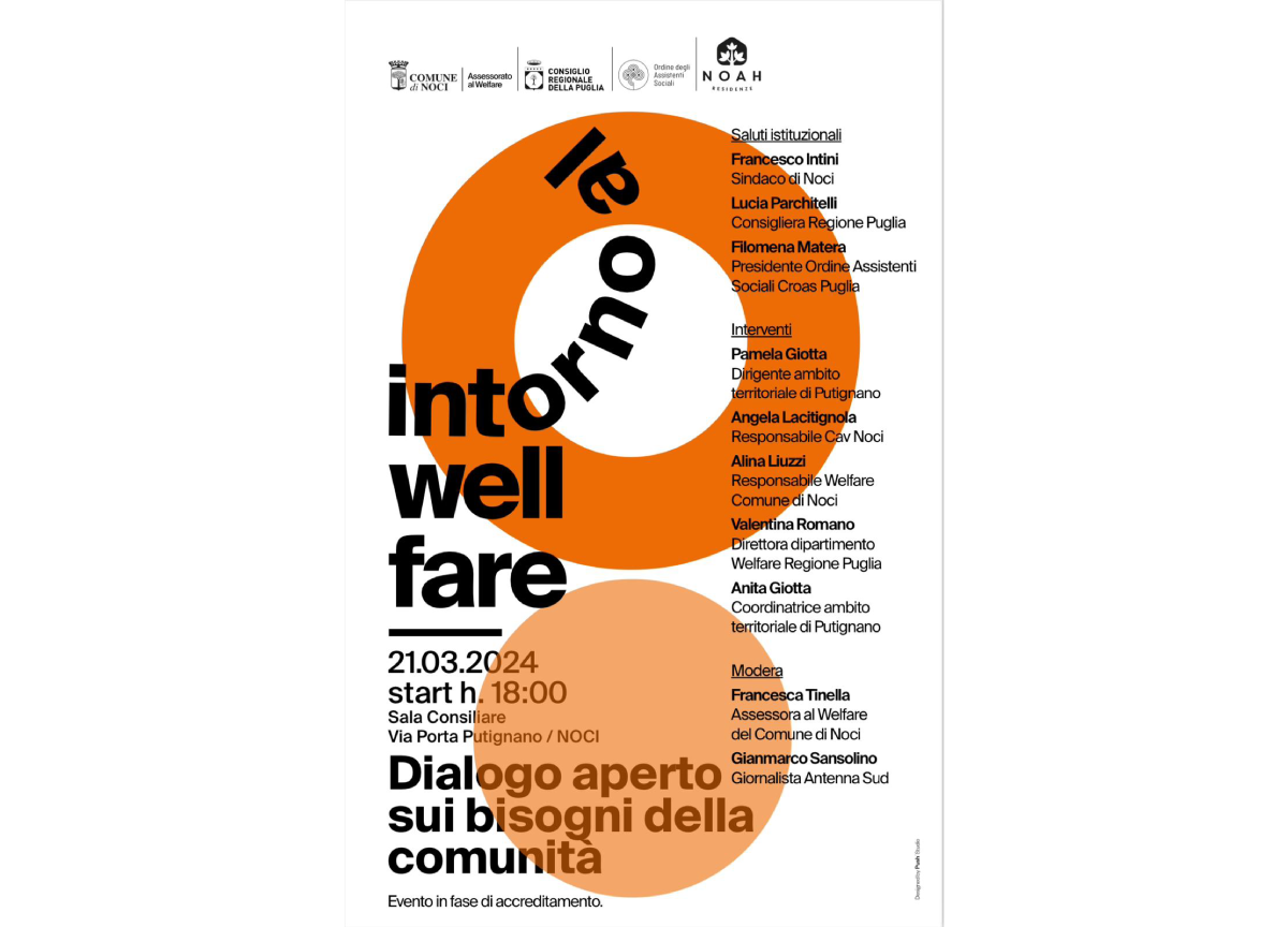 Comune di Noci: in programma giovedì 21 l’incontro ‘Intorno al Well Fare’ Comune di Noci: in programma giovedì 21 l’incontro ‘Intorno al Well Fare’
