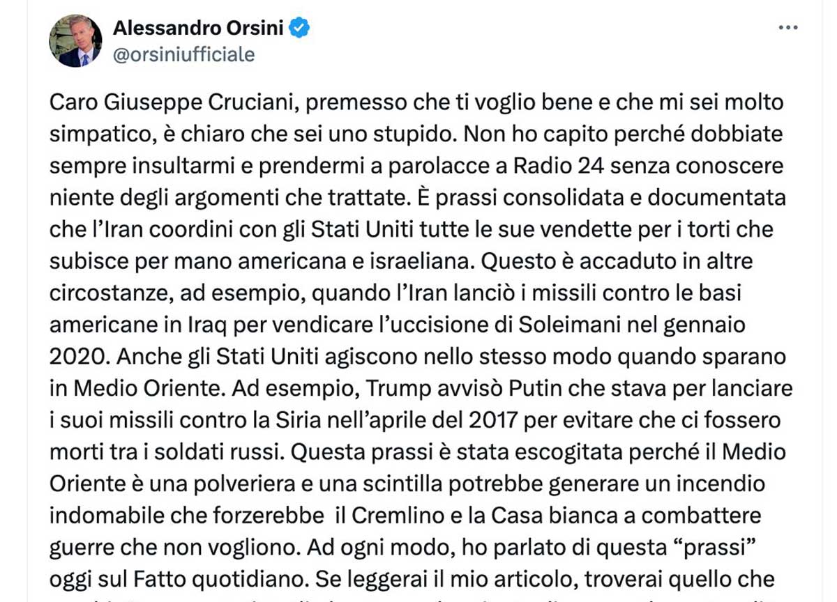 Orsini contro Cruciani, battaglia dalla radio alle offese: “Sei uno stupido” Orsini contro Cruciani, battaglia dalla radio alle offese: “Sei uno stupido”