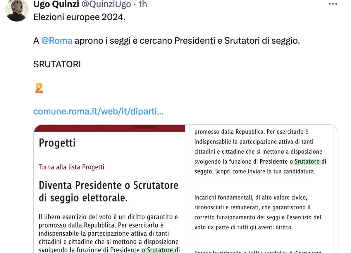 Elezioni Europee: il Comune di Roma cerca “Srutatori”. La super gaffe sul web Elezioni Europee: il Comune di Roma cerca “Srutatori”. La super gaffe sul web