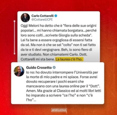 “Io la laurea c’è l’ho”, “Sì ma non sai scrivere”: Crosetto asfalta Cottarelli