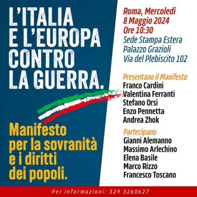 Europa e guerra, manifesto con Rizzo, Alemanno, Arlechino e Toscano