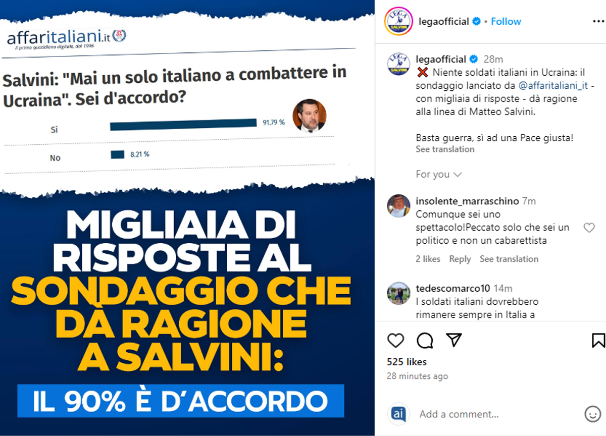 La Lega rilancia il sondaggio di Affari. No soldati in Ucraina? Bene Salvini La Lega rilancia il sondaggio di Affari. No soldati in Ucraina? Bene Salvini